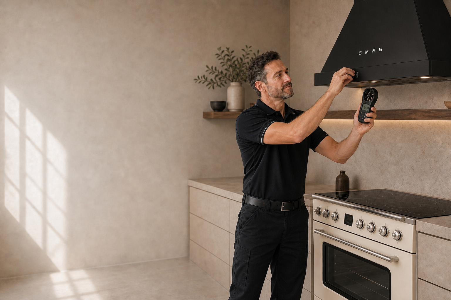 Técnico con uniforme sin logotipos comprobando el caudal de una campana SMEG