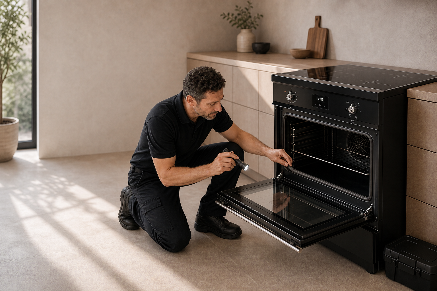 Técnico con uniforme negro sin logotipos inspeccionando la junta de una cocina SMEG