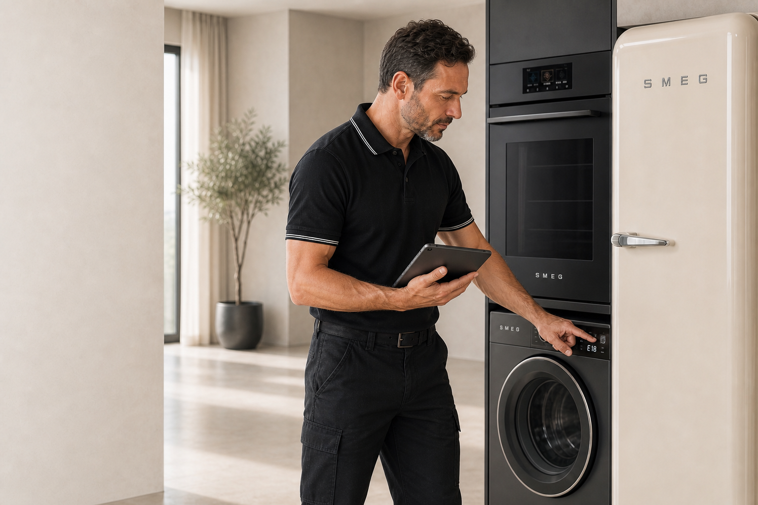 Técnico con uniforme sin logotipos registrando un código de error de una lavadora SMEG