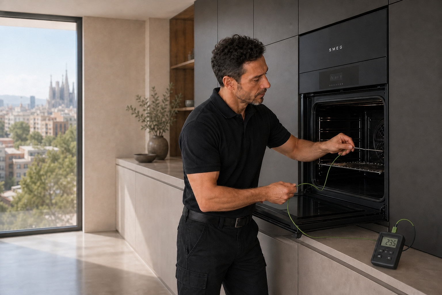 Técnico con uniforme negro sin logotipos preparando una medición de temperatura en un horno SMEG