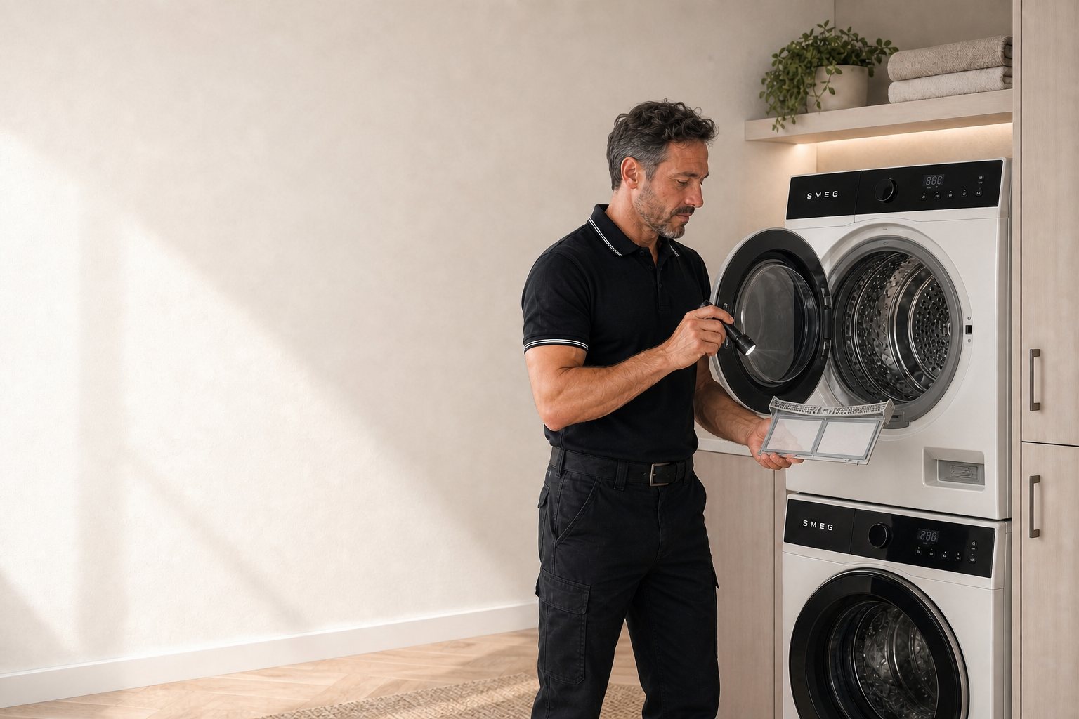 Técnico con uniforme sin logotipos inspeccionando el filtro de una secadora SMEG