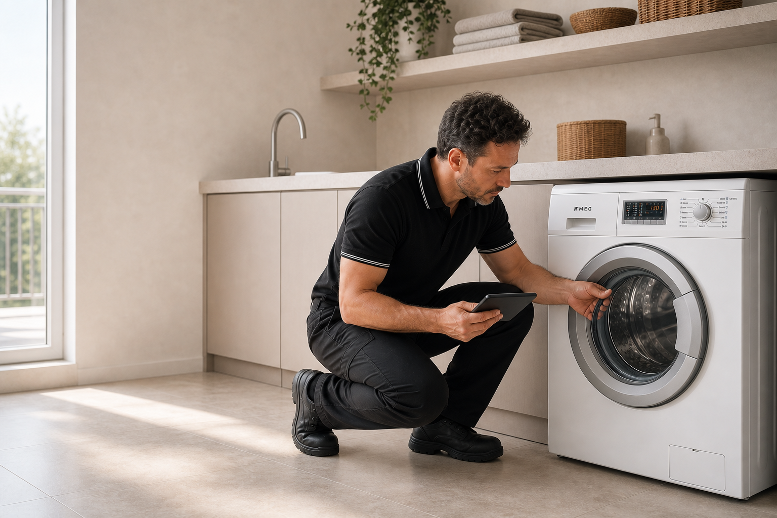 Técnico con uniforme negro sin logotipos comprobando una lavasecadora SMEG