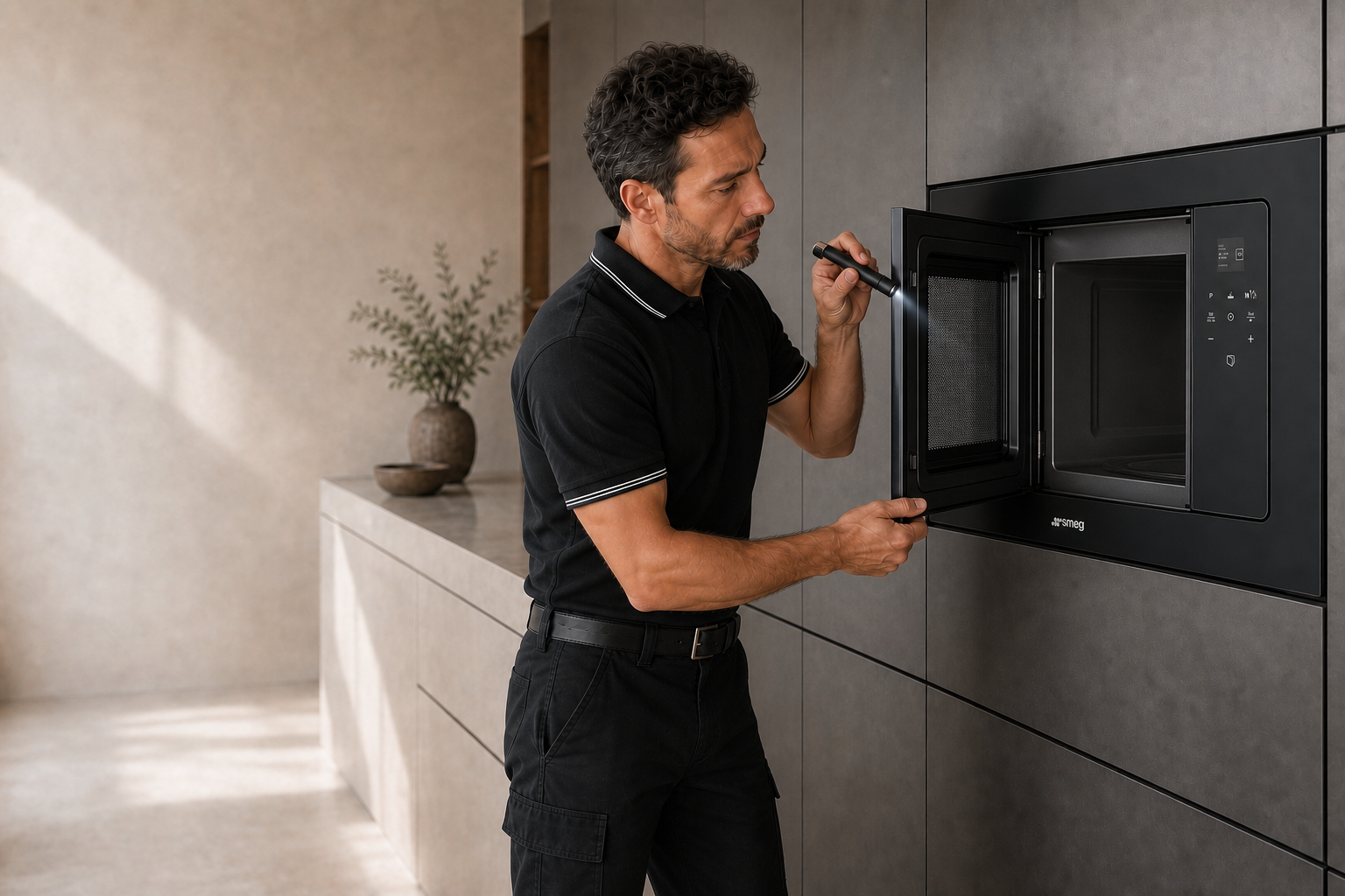 Técnico con uniforme negro sin logotipos revisando un microondas SMEG